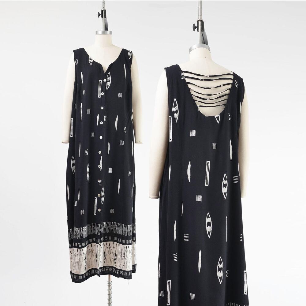 Vintage 90s Boho Maxi Dress Black Tribal Print Open Back Sundress XL